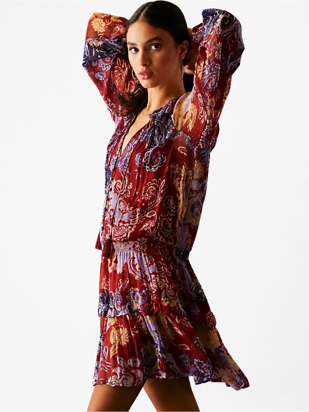 Anthropologie Paisley Floral Ruffle Mini Dress Burgundy Purple XS